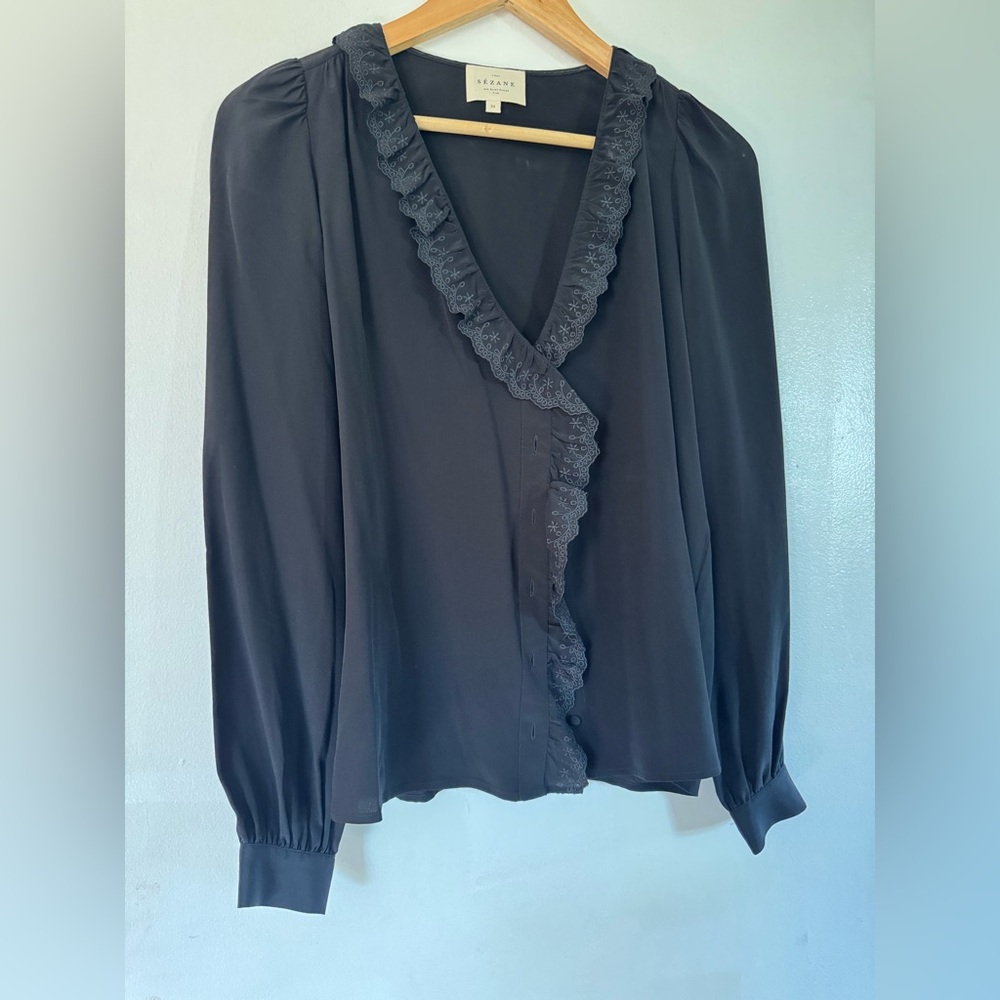 Sazane silk black Button-Down ruffle Blouse